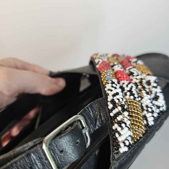 Gioseppo Beaded Haverhill Black open toe Strap Flat Leather Sandal Size 8 or 39 - Picture 10 of 12